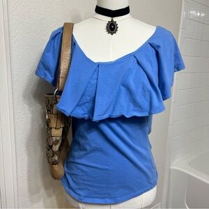 Free People indigo Blue blouse with ruffles off shoulder solid basic boho cute